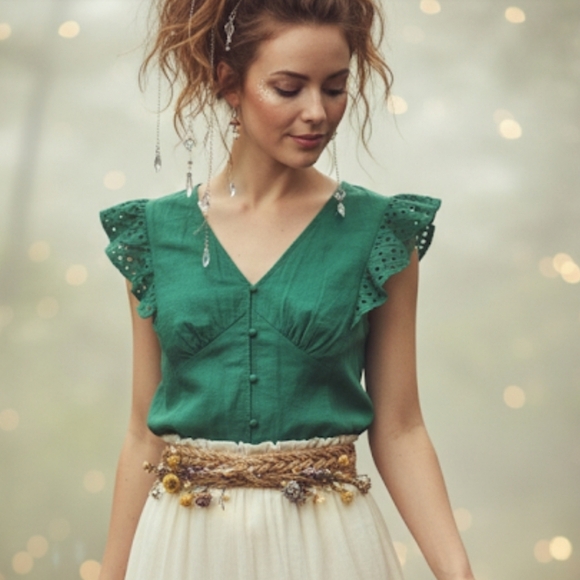 Fairycore Green Linen Blend Milkmaid Sleeveless Top Eyelet Ruffle Sleeves Size M - Picture 1 of 9